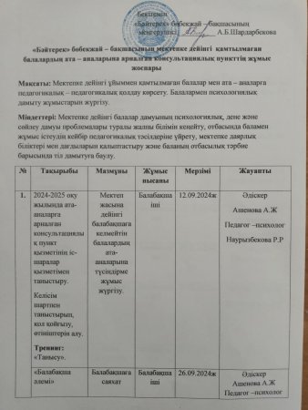 2024-2025 оқу жылының Консультативтік пункт жоспары